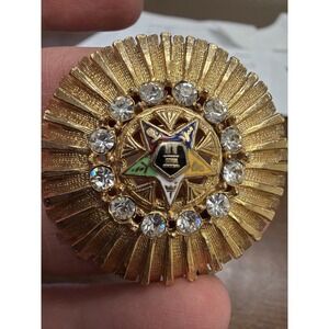 Vintage Order of the Eastern Star Rhinestone Sunburst Brooch 1.5" Gold Tone